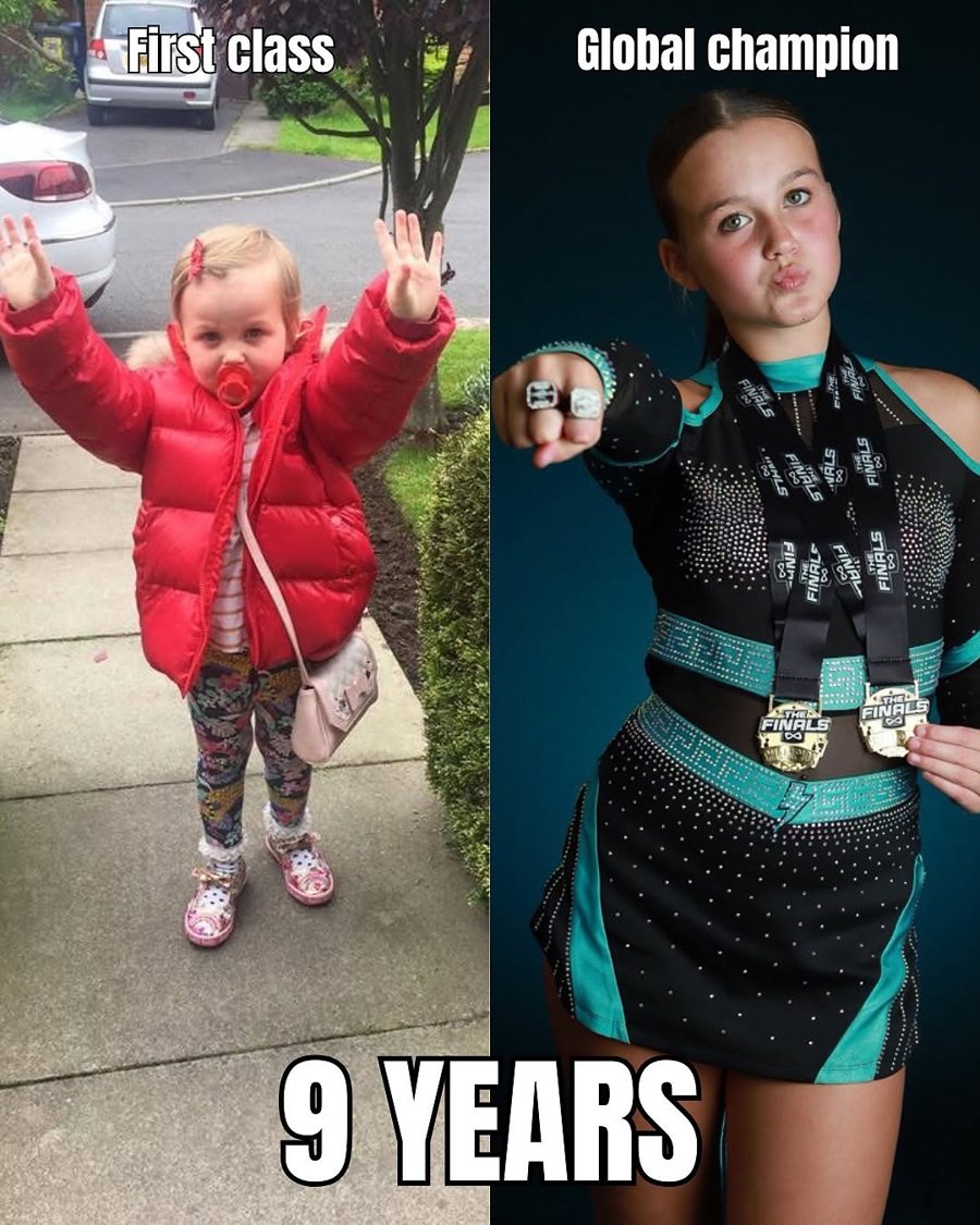Side by side: a Tycoons athlete at her first class as a toddler, and years later as a global champion with her Nfinity medals