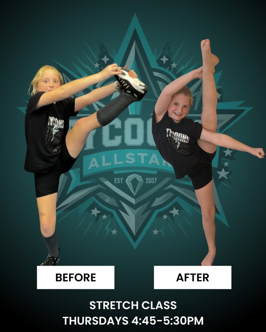 Before and after: a Tycoons athlete's leg stretch much higher after stretch classes